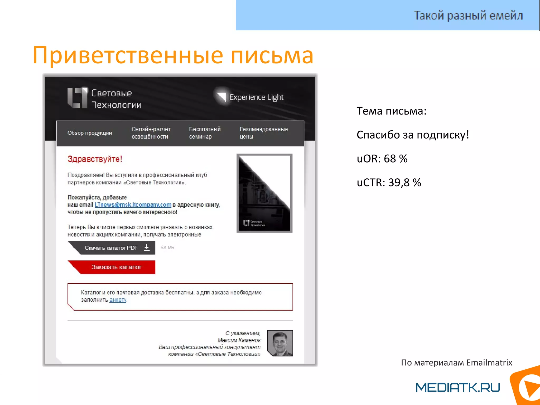 Приветственные письма
Тема письма:
Спасибо за подписку!
uOR: 68 %
uCTR: 39,8 %
Такой разный емейл
По материалам Emailmatrix
 