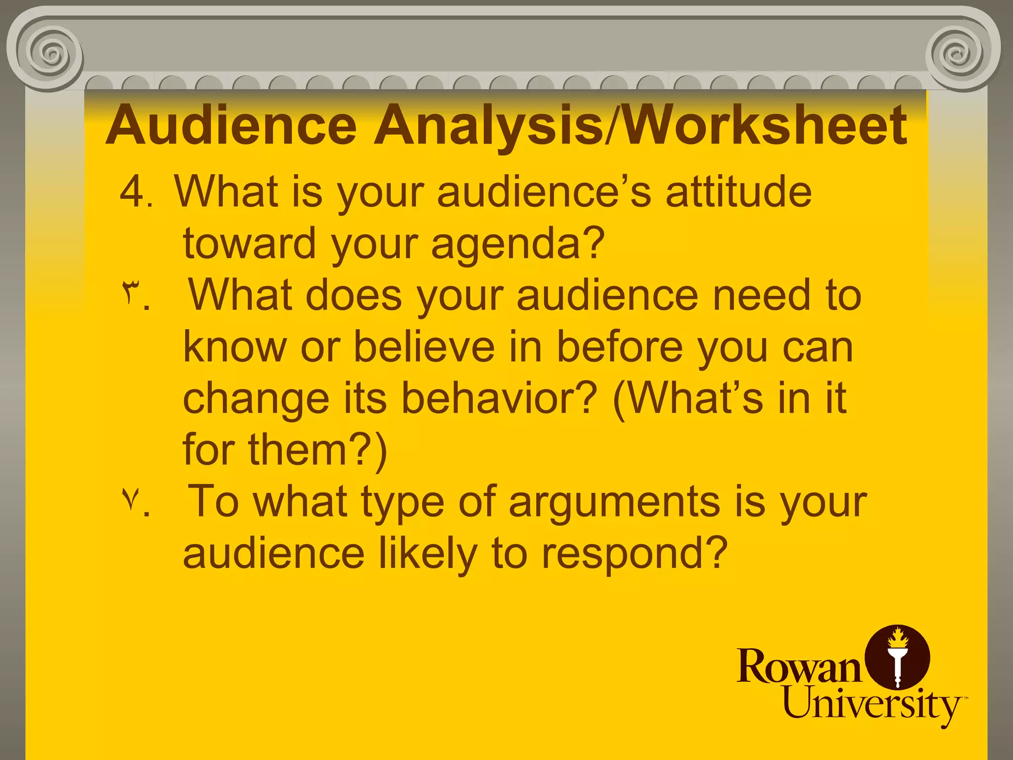 Audience Analysis/Worksheet
4. What is your audience’s attitude
   toward your agenda?
3. What does your audience need to
   know or believe in before you can
   change its behavior? (What’s in it
   for them?)
7. To what type of arguments is your
   audience likely to respond?
 