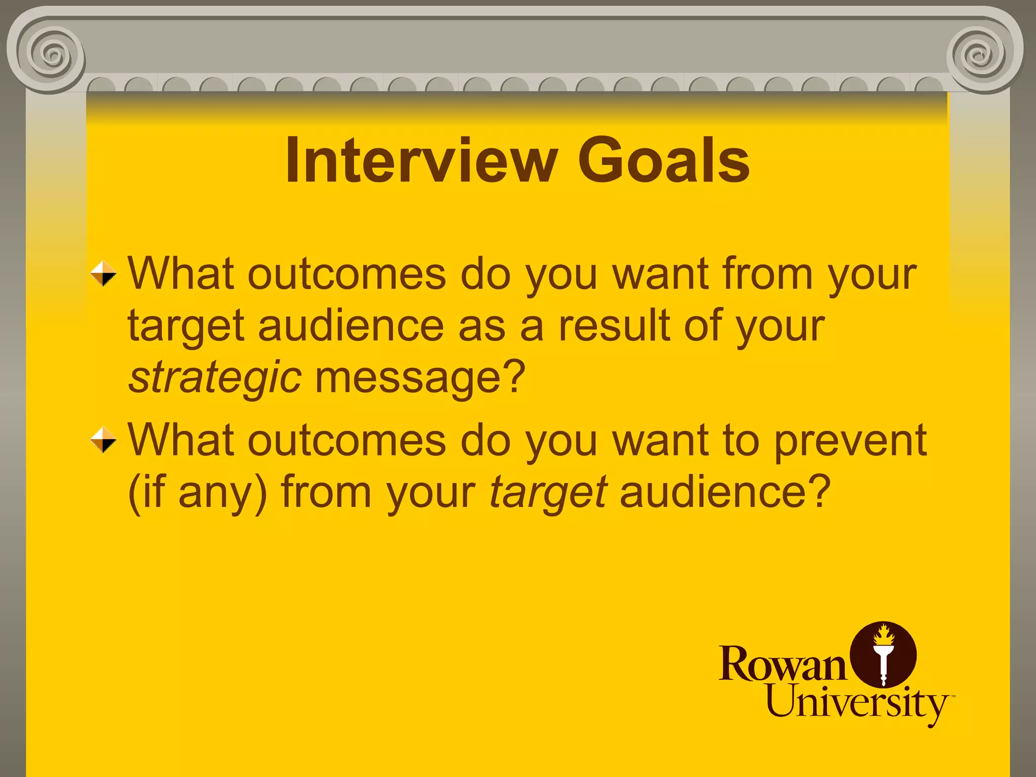 Interview Goals
What outcomes do you want from your
target audience as a result of your
strategic message?
What outcomes do you want to prevent
(if any) from your target audience?
 