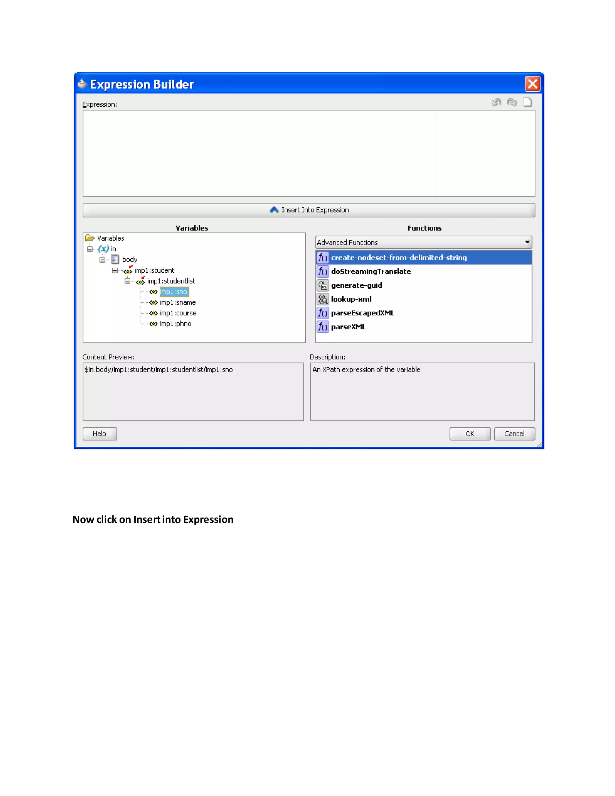 Now click on Insertinto Expression