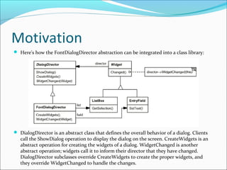 Motivation
 Here's how the FontDialogDirector abstraction can be integrated into a class library:




 DialogDirector is an abstract class that defines the overall behavior of a dialog. Clients
   call the ShowDialog operation to display the dialog on the screen. CreateWidgets is an
   abstract operation for creating the widgets of a dialog. WidgetChanged is another
   abstract operation; widgets call it to inform their director that they have changed.
   DialogDirector subclasses override CreateWidgets to create the proper widgets, and
   they override WidgetChanged to handle the changes.
 