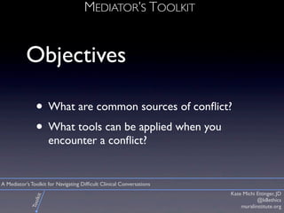 Objectives
• What are common sources of conﬂict?
• What tools can be applied when you
encounter a conﬂict?
MEDIATOR’S TOOL...