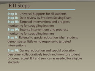 RTI Steps
Step I: Universal Supports for all students
Step II: Data review by Problem Solving Team
Step III: Targeted interventions and progress
monitoring for struggling learners
Step IV: Intense interventions and progress
monitoring for struggling learners
Step V: Referral to special education when student
demonstrates little or no response to targeted
interventions
Step VI: General education and special education
personnel collaboratively teach and monitor student
progress; adjust IEP and services as needed for eligible
students
 