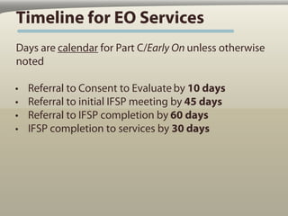 Timeline for EO Services
Days are calendar for Part C/Early On unless otherwise
noted

•   Referral to Consent to Evaluate by 10 days
•   Referral to initial IFSP meeting by 45 days
•   Referral to IFSP completion by 60 days
•   IFSP completion to services by 30 days
 