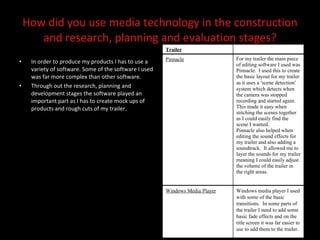 How did you use media technology in the construction and research, planning and evaluation stages? In order to produce my products I has to use a variety of software. Some of the software I used was far more complex than other software. Through out the research, planning and development stages the software played an important part as I has to create mock ups of products and rough cuts of my trailer.  Trailer Pinnacle For my trailer the main piece of editing software I used was Pinnacle.  I used this to create the basic layout for my trailer as it uses a  ‘ scene detection ’  system which detects when the camera was stopped recording and started again. This made it easy when stitching the scenes together as I could easily find the scene I wanted.  Pinnacle also helped when editing the sound effects for my trailer and also adding a soundtrack.  It allowed me to layer the sounds for my trailer meaning I could easily adjust the volume of the trailer in the right areas. Windows Media Player Windows media player I used with some of the basic transitions.  In some parts of the trailer I need to add some basic fade effects and on the title screen it was far easier to use to add them to the trailer. 