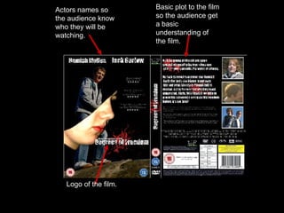 Actors names so the audience know who they will be watching.  Basic plot to the film so the audience get a basic understanding of the film. Logo of the film. 