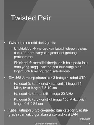 Twisted Pair


•   Twisted pair terdiri dari 2 jenis:
     – Unshielded    merupakan kawat telepon biasa,
       tipe 100-ohm banyak dijumpai di gedung
       perkantoran
     – Shielded    memiliki kinerja lebih baik pada laju
       data yang tinggi, twisted pair dilindungi oleh
       logam untuk mengurangi interferensi
•   EIA-568-A memperkenalkan 3 kategori kabel UTP
     – Kategori 3: karakteristik transmisi hingga 16
       MHz, twist length 7,5-10 cm
     – Kategori 4: karateristik hingga 20 MHz
     – Kategori 5: karakteristik hingga 100 MHz, twist
       length 0,6-0,85 cm
•   Kabel kategori 3 (voice-grade) dan kategori 5 (data-
    grade) banyak digunakan untuk aplikasi LAN
                                                  3/11/2005
                      Jaringan Komputer I                  5
 