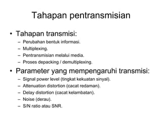 Tahapan pentransmisian
• Tahapan transmisi:
– Perubahan bentuk informasi.
– Multiplexing.
– Pentransmisian melalui media.
– Proses depacking / demultiplexing.
• Parameter yang mempengaruhi transmisi:
– Signal power level (tingkat kekuatan sinyal).
– Attenuation distortion (cacat redaman).
– Delay distortion (cacat kelambatan).
– Noise (derau).
– S/N ratio atau SNR.
 
