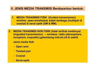 II. JENIS MEDIA TRANSMISI Berdasarkan bentuk:
1. MEDIA TRANSMISI FISIK (Guided transmission)
wireline: open-wire/kawat, kabel tembaga (multipair &
coaxial) & serat optik (SM & MM).
2. MEDIA TRANSMISI NON FISIK (tidak terlihat medianya)
Unguided transmission) → wireless: radio (atmosphere,
ionophere, troposfer),gelombang mikro/LoS & satelit
Jenis media fisik
Open wire
Twisted pair
Coaxial
Serat-optik
 