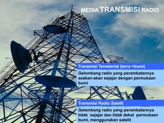MEDIA TRANSMISI RADIO
Transmisi Teresterial (terra =bumi)
Transmisi Radio Satelit
Gelombang radio yang perambatannya
seakan-akan sejajar dengan permukaan
bumi
Gelombang radio yang perambatannya
tidak sejajar dan tidak dekat permukaan
bumi, menggunakan satelit
 