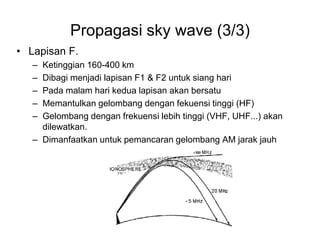 Propagasi sky wave (3/3)
• Lapisan F.
– Ketinggian 160-400 km
– Dibagi menjadi lapisan F1 & F2 untuk siang hari
– Pada malam hari kedua lapisan akan bersatu
– Memantulkan gelombang dengan fekuensi tinggi (HF)
– Gelombang dengan frekuensi lebih tinggi (VHF, UHF...) akan
dilewatkan.
– Dimanfaatkan untuk pemancaran gelombang AM jarak jauh
 