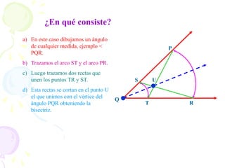 ¿En qué consiste?
Q
R
S
T
P
U
a) En este caso dibujamos un ángulo
de cualquier medida, ejemplo <
PQR.
b) Trazamos el arco ST y el arco PR.
c) Luego trazamos dos rectas que
unen los puntos TR y ST.
d) Esta rectas se cortan en el punto U
el que unimos con el vértice del
ángulo PQR obteniendo la
bisectriz.
 