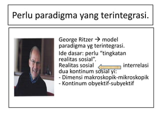 Perlu paradigma yang terintegrasi.

           George Ritzer  model
           paradigma yg terintegrasi.
           Ide dasar: perlu “tingkatan
           realitas sosial”.
           Realitas sosial           interrelasi
           dua kontinum sosial yi:
           - Dimensi makroskopik-mikroskopik
           - Kontinum obyektif-subyektif
 