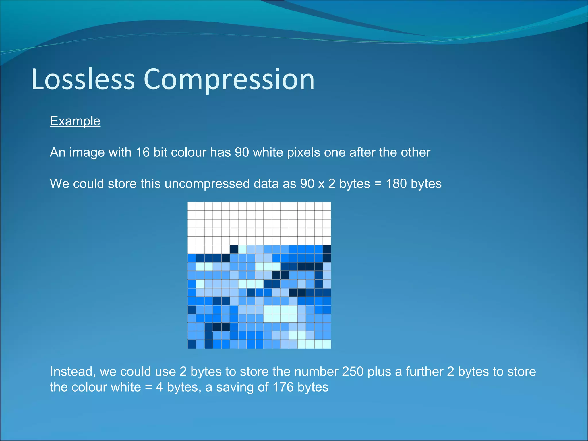 Lossless Compression
Example
An image with 16 bit colour has 90 white pixels one after the other
We could store this uncompressed data as 90 x 2 bytes = 180 bytes
Instead, we could use 2 bytes to store the number 250 plus a further 2 bytes to store
the colour white = 4 bytes, a saving of 176 bytes