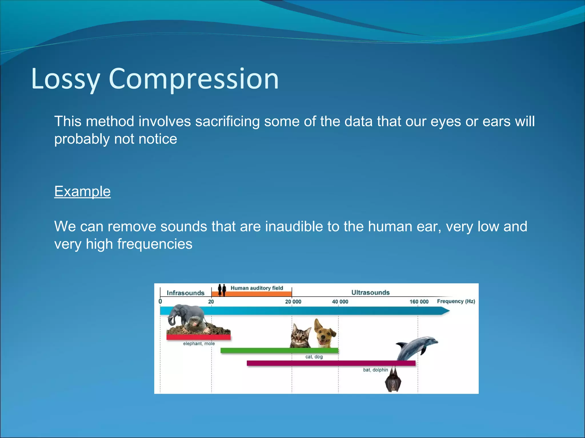 Lossy Compression
This method involves sacrificing some of the data that our eyes or ears will
probably not notice
Example
We can remove sounds that are inaudible to the human ear, very low and
very high frequencies