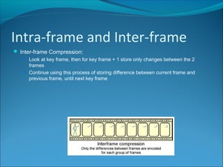 Intra-frame and Inter-frame
 Inter-frame Compression:
 Look at key frame, then for key frame + 1 store only changes between the 2
frames
 Continue using this process of storing difference between current frame and
previous frame, until next key frame
 