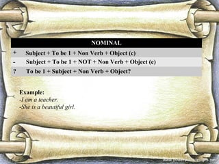 Example:
-I am a teacher.
-She is a beautiful girl.
NOMINAL
+ Subject + To be 1 + Non Verb + Object (c)
- Subject + To be 1 + NOT + Non Verb + Object (c)
? To be 1 + Subject + Non Verb + Object?
 