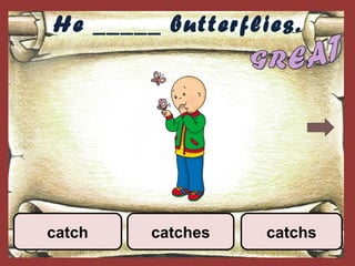 He _____ butterflies.
catchscatchescatch
 