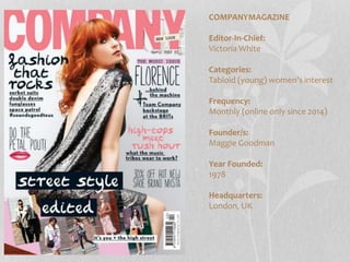 COMPANYMAGAZINE
Editor-In-Chief:
Victoria White
Categories:
Tabloid (young) women’s interest
Frequency:
Monthly (online only since 2014)
Founder/s:
Maggie Goodman
Year Founded:
1978
Headquarters:
London, UK
 