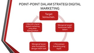 POINT-POINT DALAM STRATEGI DIGITAL 
MARKETING 
Target 
konsumen. 
Mengenal target 
konsumen lebih 
dalam 
• Penciptaan 
branding yang 
tepat. 
• Memilih chanel 
digital marketing 
yang akan 
dipergunakan 
Mengenal lawan 
atau kompetitor 
dengan lebih baik 
 