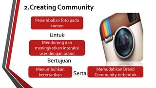 2.Creating Community 
Penambahan foto pada 
konten 
Mendorong dan 
meningkatkan interaksi 
user dengan brand 
Menumbuhkan 
ketertarikan 
Memudahkan Brand 
Community terbentuk 
Untuk 
Bertujuan 
Serta 
 