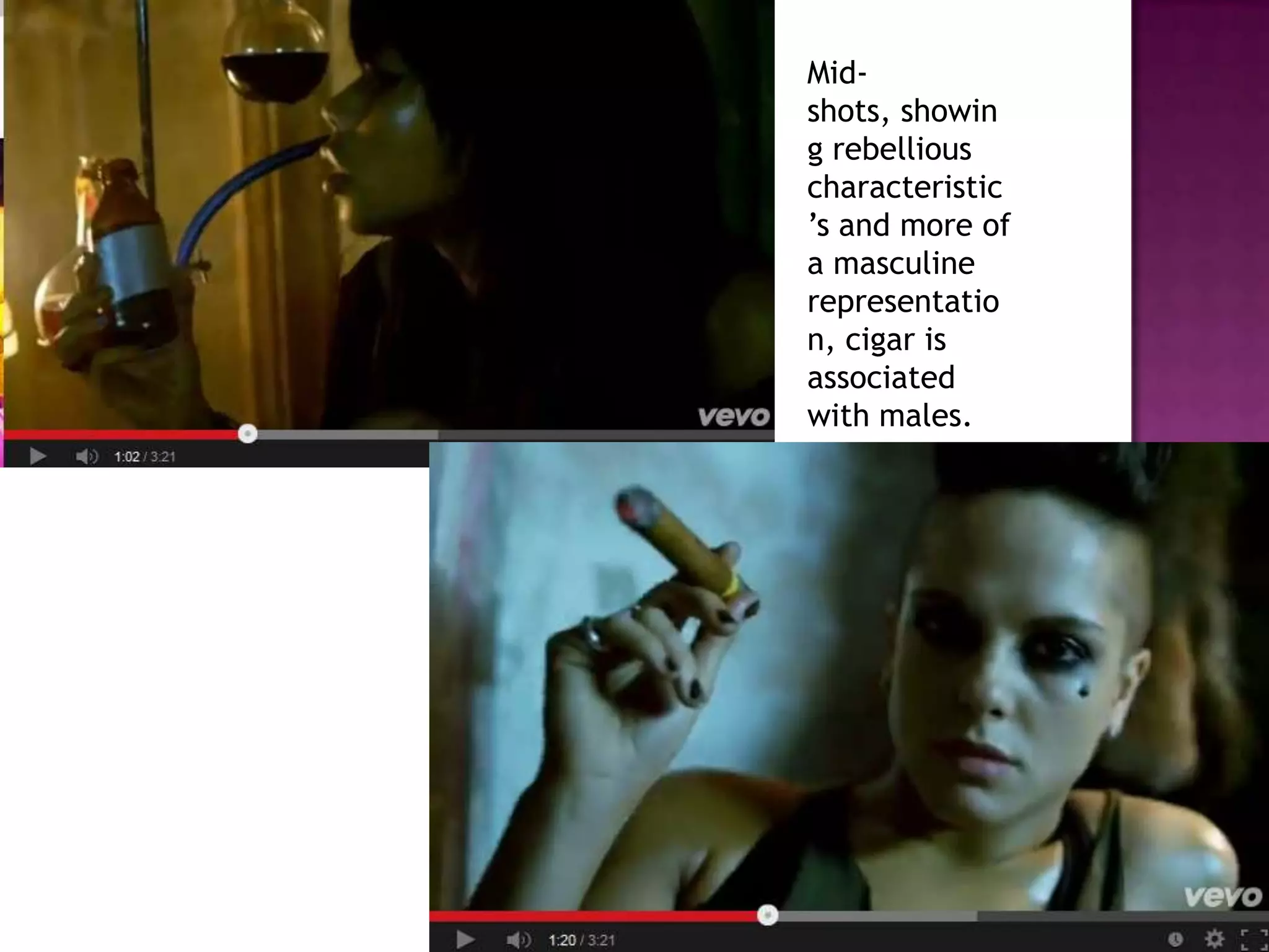 Mid-
shots, showin
g rebellious
characteristic
’s and more of
a masculine
representatio
n, cigar is
associated
with males.
 