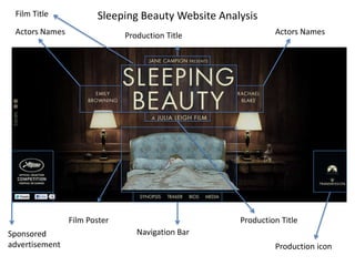 Film Title            Sleeping Beauty Website Analysis
 Actors Names                 Production Title              Actors Names




                Film Poster                        Production Title
Sponsored                        Navigation Bar
advertisement                                               Production icon
 