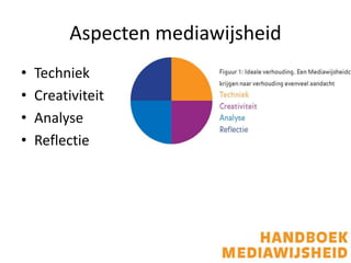 Aspecten mediawijsheid
• Techniek
• Creativiteit
• Analyse
• Reflectie
 