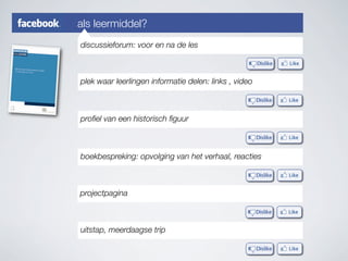 als leermiddel?
discussieforum: voor en na de les
plek waar leerlingen informatie delen: links , video
proﬁel van een historisch ﬁguur
boekbespreking: opvolging van het verhaal, reacties
projectpagina
uitstap, meerdaagse trip
 