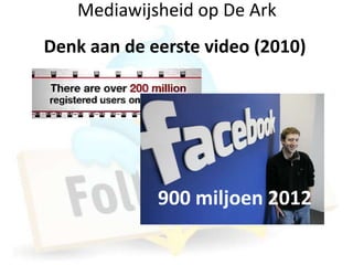 Mediawijsheid op De Ark
Denk aan de eerste video (2010)




             900 miljoen 2012
 