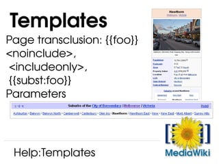 Page transclusion: {{foo}} <noinclude>, <includeonly>,  {{subst:foo}} Parameters Templates Help:Templates 