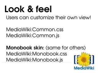 Users can customize their own view! MediaWiki:Common.css MediaWiki:Common.js Monobook skin:  (same for others) MediaWiki:Monobook.css MediaWiki:Monobook.js Look & feel 