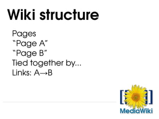 Pages “ Page A” “ Page B” Tied together by... Links: A-> B Wiki structure 