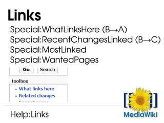 Special:WhatLinksHere (B-> A) Special:RecentChangesLinked (B-> C) Special:MostLinked Special:WantedPages Links Help:Links 
