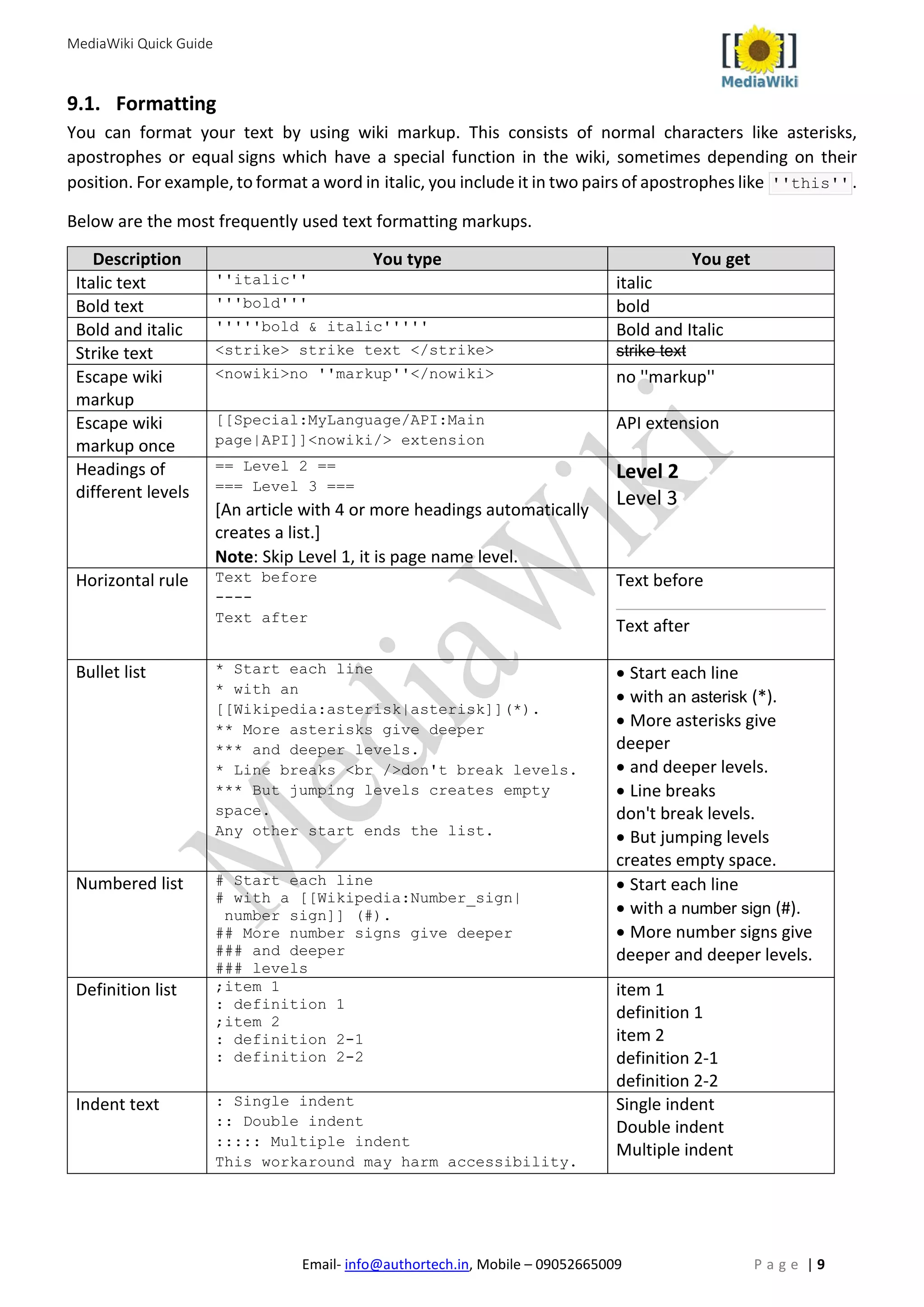 MediaWiki Quick Guide
Email- info@authortech.in, Mobile – 09052665009 P a g e | 9
9.1. Formatting
You can format your text by using wiki markup. This consists of normal characters like asterisks,
apostrophes or equal signs which have a special function in the wiki, sometimes depending on their
position. For example, to format a word in italic, you include it in two pairs of apostrophes like ''this'' .
Below are the most frequently used text formatting markups.
Description You type You get
Italic text ''italic'' italic
Bold text '''bold''' bold
Bold and italic '''''bold & italic''''' Bold and Italic
Strike text <strike> strike text </strike> strike text
Escape wiki
markup
<nowiki>no ''markup''</nowiki> no ''markup''
Escape wiki
markup once
[[Special:MyLanguage/API:Main
page|API]]<nowiki/> extension
API extension
Headings of
different levels
== Level 2 ==
=== Level 3 ===
[An article with 4 or more headings automatically
creates a list.]
Note: Skip Level 1, it is page name level.
Level 2
Level 3
Horizontal rule Text before
----
Text after
Text before
Text after
Bullet list * Start each line
* with an
[[Wikipedia:asterisk|asterisk]](*).
** More asterisks give deeper
*** and deeper levels.
* Line breaks <br />don't break levels.
*** But jumping levels creates empty
space.
Any other start ends the list.
• Start each line
• with an asterisk (*).
• More asterisks give
deeper
• and deeper levels.
• Line breaks
don't break levels.
• But jumping levels
creates empty space.
Numbered list # Start each line
# with a [[Wikipedia:Number_sign|
number sign]] (#).
## More number signs give deeper
### and deeper
### levels
• Start each line
• with a number sign (#).
• More number signs give
deeper and deeper levels.
Definition list ;item 1
: definition 1
;item 2
: definition 2-1
: definition 2-2
item 1
definition 1
item 2
definition 2-1
definition 2-2
Indent text : Single indent
:: Double indent
::::: Multiple indent
This workaround may harm accessibility.
Single indent
Double indent
Multiple indent
 