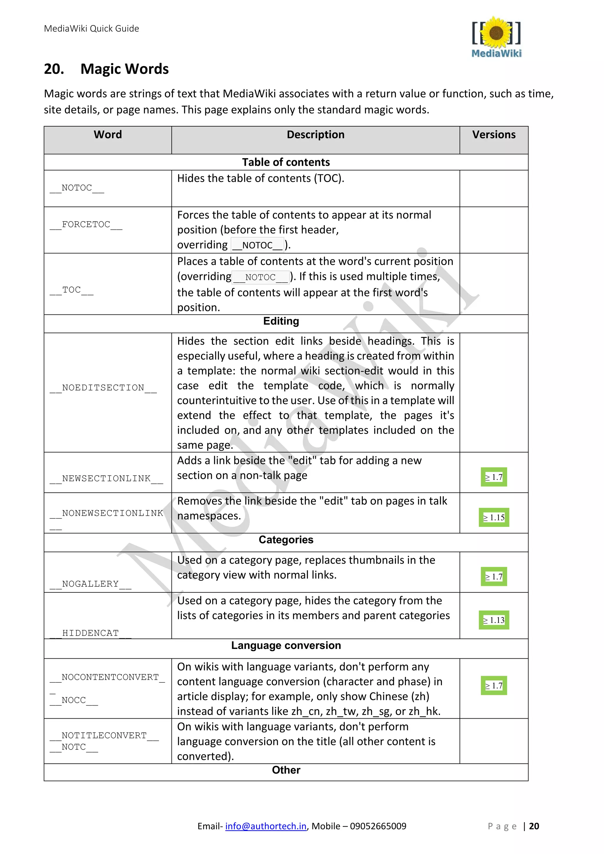 MediaWiki Quick Guide
Email- info@authortech.in, Mobile – 09052665009 P a g e | 20
20. Magic Words
Magic words are strings of text that MediaWiki associates with a return value or function, such as time,
site details, or page names. This page explains only the standard magic words.
Word Description Versions
Table of contents
__NOTOC__
Hides the table of contents (TOC).
__FORCETOC__
Forces the table of contents to appear at its normal
position (before the first header,
overriding __NOTOC__ ).
__TOC__
Places a table of contents at the word's current position
(overriding__NOTOC__ ). If this is used multiple times,
the table of contents will appear at the first word's
position.
Editing
__NOEDITSECTION__
Hides the section edit links beside headings. This is
especially useful, where a heading is created from within
a template: the normal wiki section-edit would in this
case edit the template code, which is normally
counterintuitive to the user. Use of this in a template will
extend the effect to that template, the pages it's
included on, and any other templates included on the
same page.
__NEWSECTIONLINK__
Adds a link beside the "edit" tab for adding a new
section on a non-talk page ≥ 1.7
__NONEWSECTIONLINK
__
Removes the link beside the "edit" tab on pages in talk
namespaces. ≥ 1.15
Categories
__NOGALLERY__
Used on a category page, replaces thumbnails in the
category view with normal links. ≥ 1.7
__HIDDENCAT__
Used on a category page, hides the category from the
lists of categories in its members and parent categories ≥ 1.13
Language conversion
__NOCONTENTCONVERT_
_
__NOCC__
On wikis with language variants, don't perform any
content language conversion (character and phase) in
article display; for example, only show Chinese (zh)
instead of variants like zh_cn, zh_tw, zh_sg, or zh_hk.
≥ 1.7
__NOTITLECONVERT__
__NOTC__
On wikis with language variants, don't perform
language conversion on the title (all other content is
converted).
Other
 