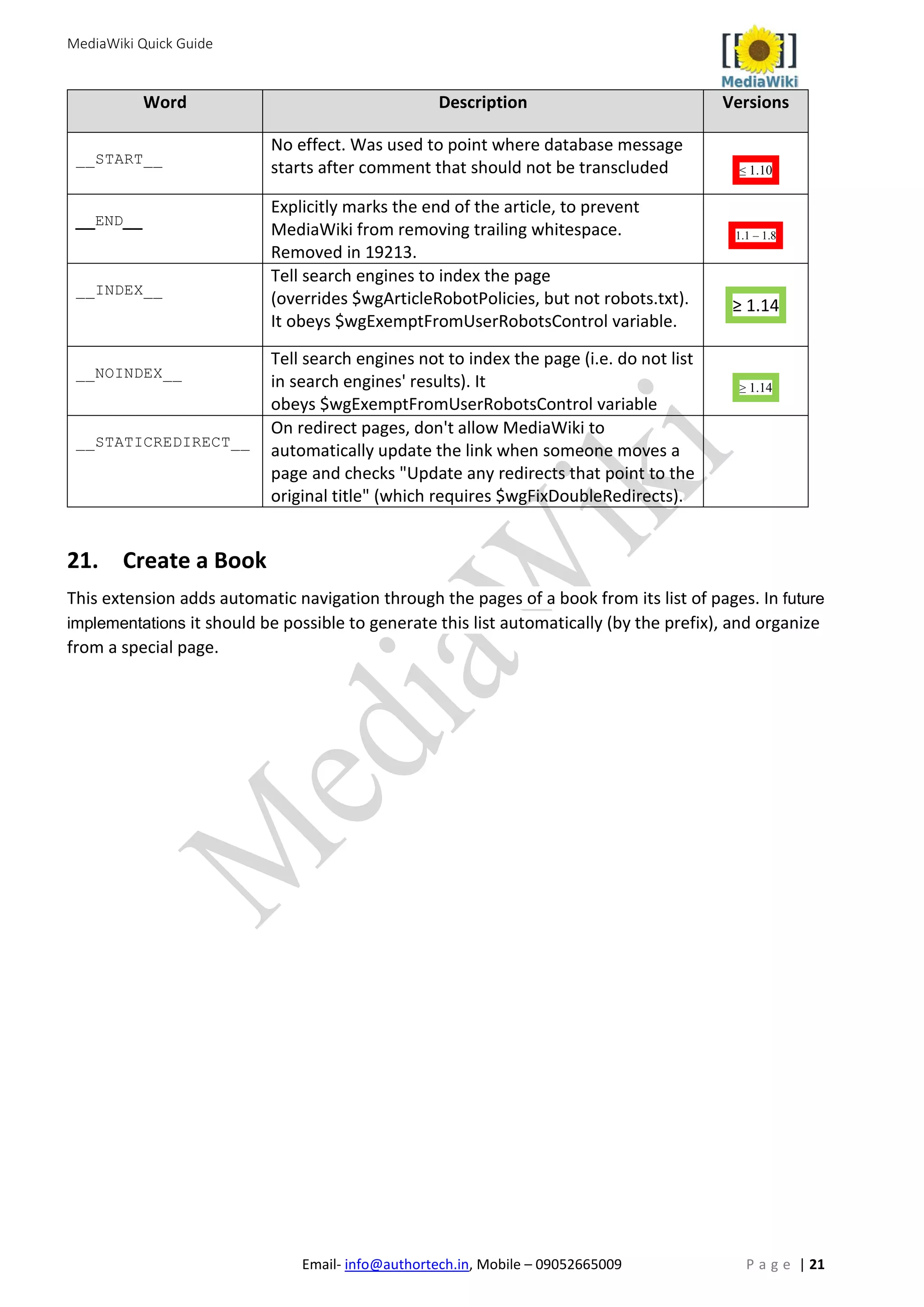 MediaWiki Quick Guide
Email- info@authortech.in, Mobile – 09052665009 P a g e | 21
Word Description Versions
__START__
No effect. Was used to point where database message
starts after comment that should not be transcluded ≤ 1.10
__END__
Explicitly marks the end of the article, to prevent
MediaWiki from removing trailing whitespace.
Removed in 19213.
1.1 – 1.8
__INDEX__
Tell search engines to index the page
(overrides $wgArticleRobotPolicies, but not robots.txt).
It obeys $wgExemptFromUserRobotsControl variable.
≥ 1.14
__NOINDEX__
Tell search engines not to index the page (i.e. do not list
in search engines' results). It
obeys $wgExemptFromUserRobotsControl variable
≥ 1.14
__STATICREDIRECT__
On redirect pages, don't allow MediaWiki to
automatically update the link when someone moves a
page and checks "Update any redirects that point to the
original title" (which requires $wgFixDoubleRedirects).
21. Create a Book
This extension adds automatic navigation through the pages of a book from its list of pages. In future
implementations it should be possible to generate this list automatically (by the prefix), and organize
from a special page.
 
