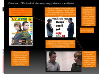 Question 2: Effective Links between soap trailer and 2 ancillaries.Synthesis is illustrated within this billboard. This billboard creates the idea of “conflict” with the separation of the two characters  and the main text of “Things could get ugly”.The fonts used are all very similar the “Friends and Foes Logo” the font makes this a recognisable logo , this font was used within the title cards at the end of the soap,Red and black are the primary colours portrayed within the brand we are trying to create throughout.Brand recognitionThere is an obvious link of mise en scene used within the three and the lighting of the three images we used, each have a relevantly light background. These are the 2 sub characters these are not recognised within the ancillaries, that we produced as they were involved in the sub plot that we implemented into the trailer. The clothing of the main characters within the sequence is creating a brand in itself it creates an “urban “ feel to the soap.