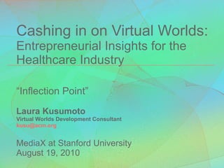 Cashing in on Virtual Worlds: Entrepreneurial Insights for the Healthcare Industry “Inflection Point”  Laura Kusumoto Virtual Worlds Development Consultant [email_address] MediaX at Stanford University August 19, 2010 