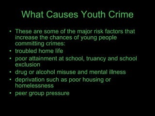 What Causes Youth Crime These are some of the major risk factors that increase the chances of young people committing crimes: troubled home life  poor attainment at school, truancy and school exclusion  drug or alcohol misuse and mental illness  deprivation such as poor housing or homelessness  peer group pressure  