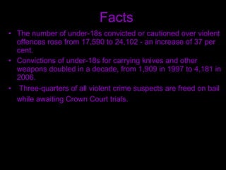 Facts  The number of under-18s convicted or cautioned over violent offences rose from 17,590 to 24,102 - an increase of 37 per cent. Convictions of under-18s for carrying knives and other weapons doubled in a decade, from 1,909 in 1997 to 4,181 in 2006.  Three-quarters of all violent crime suspects are freed on bail while awaiting Crown Court trials.   