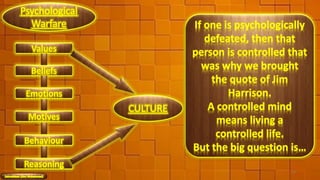 Values
Beliefs
Emotions
Motives
Reasoning
Behaviour
If one is psychologically
defeated, then that
person is controlled that
was why we brought
the quote of Jim
Harrison.
A controlled mind
means living a
controlled life.
But the big question is…
14
 