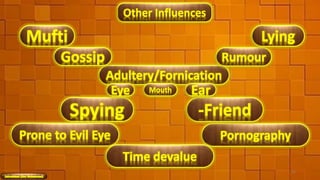 Other Influences
Mufti
Spying
Prone to Evil Eye
Adultery/Fornication
Rumour
Pornography
-Friend
Eye Mouth Ear
45
Gossip
Time devalue
Lying
 