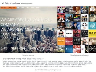 Copyright	
 ??	
 ?2016.	
 ?MediaZamong	
 ?Inc.	
 ?All	
 ?rights	
 ?Reserved.
#3 Field of business Marketing business
???? ??? & ???? ??? '???' - http://artpr.kr'
2008? ?? ??? ?? ???? ???? '???'? ???? ??? ?? ???? ??? ????? ???? ??? ??? ??? ???? ?????. ??? ??,
???, ?? ?? ????? ???? ???? ?????. ?? ??? ??&??? ??? ???? ????? ?? MCN ????? ???? ???? ?? ??? ??
?? ?? ???? ??????? ???? ????. ?? MCN ??? ??? ?? ????? ??? ??????? ?? ?? ?????? ??? ?????.
?? ?? ??? 200??? ?? ???? ??? ?? ? ??? ?? ??? ??? ???? ?? ??? ???? ? ??????? ??? ????.
Marketing Business Media Representative Business
 