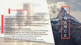P a g e 15
Financial Structure
If we really want to grow in this very competitive world, we
probably need outside sources of capital. If we bootstrap and
remain without external funding for too long, we may be unable
to take advantage of market opportunities.
As Money is the bloodline of any business, well these are the few
options in which we will be working upon to expand our
Business.
Bootstrapping our start up business:
Self-funding, also known as bootstrapping, and it is a first funding
option as it is an effective way of start up financing, especially
when we are just starting our business. We will be investing from
our own savings or can get from our family or friends to
contribute. This will be easy to raise due to less
formalities/compliances, plus less costs of raising. In most
situations, family and friends are flexible with the interest rate.
F
I
N
A
N
C
E
 