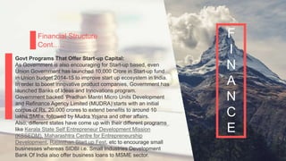 P a g e 16
Financial Structure
Cont.….
Govt Programs That Offer Start-up Capital:
As Government is also encouraging for Start-up based, even
Union Government has launched 10,000 Crore in Start-up fund
in Union budget 2014-15 to improve start up ecosystem in India.
In order to boost innovative product companies, Government has
launched Banks of Ideas and Innovations program.
Government backed ‘Pradhan Mantri Micro Units Development
and Refinance Agency Limited (MUDRA)‘starts with an initial
corpus of Rs. 20,000 crores to extend benefits to around 10
lakhs SMEs, followed by Mudra Yojana and other affairs.
Also, different states have come up with their different programs
like Kerala State Self Entrepreneur Development Mission
(KSSEDM), Maharashtra Centre for Entrepreneurship
Development, Rajasthan Start up Fest, etc to encourage small
businesses whereas SIDBI i.e. Small Industries Development
Bank Of India also offer business loans to MSME sector.
F
I
N
A
N
C
E
 