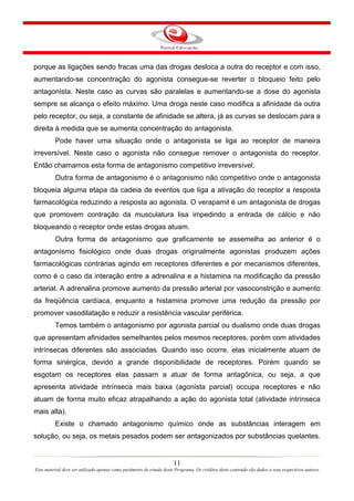 11
Este material deve ser utilizado apenas como parâmetro de estudo deste Programa. Os créditos deste conteúdo são dados a seus respectivos autores
porque as ligações sendo fracas uma das drogas desloca a outra do receptor e com isso,
aumentando-se concentração do agonista consegue-se reverter o bloqueio feito pelo
antagonista. Neste caso as curvas são paralelas e aumentando-se a dose do agonista
sempre se alcança o efeito máximo. Uma droga neste caso modifica a afinidade da outra
pelo receptor, ou seja, a constante de afinidade se altera, já as curvas se deslocam para a
direita à medida que se aumenta concentração do antagonista.
Pode haver uma situação onde o antagonista se liga ao receptor de maneira
irreversível. Neste caso o agonista não consegue remover o antagonista do receptor.
Então chamamos esta forma de antagonismo competitivo irreversível.
Outra forma de antagonismo é o antagonismo não competitivo onde o antagonista
bloqueia alguma etapa da cadeia de eventos que liga a ativação do receptor a resposta
farmacológica reduzindo a resposta ao agonista. O verapamil é um antagonista de drogas
que promovem contração da musculatura lisa impedindo a entrada de cálcio e não
bloqueando o receptor onde estas drogas atuam.
Outra forma de antagonismo que graficamente se assemelha ao anterior é o
antagonismo fisiológico onde duas drogas originalmente agonistas produzem ações
farmacológicas contrárias agindo em receptores diferentes e por mecanismos diferentes,
como é o caso da interação entre a adrenalina e a histamina na modificação da pressão
arterial. A adrenalina promove aumento da pressão arterial por vasoconstrição e aumento
da freqüência cardíaca, enquanto a histamina promove uma redução da pressão por
promover vasodilatação e reduzir a resistência vascular periférica.
Temos também o antagonismo por agonista parcial ou dualismo onde duas drogas
que apresentam afinidades semelhantes pelos mesmos receptores, porém com atividades
intrínsecas diferentes são associadas. Quando isso ocorre, elas inicialmente atuam de
forma sinérgica, devido a grande disponibilidade de receptores. Porém quando se
esgotam os receptores elas passam a atuar de forma antagônica, ou seja, a que
apresenta atividade intrínseca mais baixa (agonista parcial) occupa receptores e não
atuam de forma muito eficaz atrapalhando a ação do agonista total (atividade intrínseca
mais alta).
Existe o chamado antagonismo químico onde as substâncias interagem em
solução, ou seja, os metais pesados podem ser antagonizados por substâncias quelantes.
 