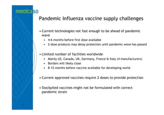 Pandemic Influenza vaccine supply challenges

    • Current technologies not fast enough to be ahead of pandemic
      wave
      • 4-6 months before first dose available
      • 2-dose products may delay protection until pandemic wave has passed


    • Limited number of facilities worldwide
      • Mainly US, Canada, UK, Germany, France & Italy (4 manufacturers)
      • Borders will likely close
      • 8-12 months before vaccine available for developing world


    • Current approved vaccines require 2 doses to provide protection

    • Stockpiled vaccines might not be formulated with correct
      pandemic strain


6
 