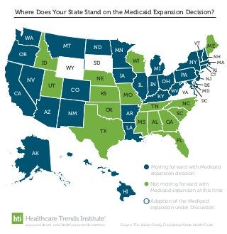 AL GA
SC
NCTN
AR
MS
LA
TX
HI
AK
NMAZ
UT
NV
CA
OR
WA
ID
MT ND
MN
IA
WI
MI
SD
NE
WY
CO
KS MO
IL IN OH
WV VA
VT
DC
MD
DE
NJ
CT
RI
NH
MA
PA
NY
ME
OK
KY
FL
Where Does Your State Stand on the Medicaid Expansion Decision?
Source: The Kaiser Family Foundation State Health Factswww.evolution1.com/healthcare-trends-institute
Moving forward with Medicaid
expansion decision
Not moving forward with
Medicaid expansion at this time
Adoption of the Medicaid
expansion under Discussion
 