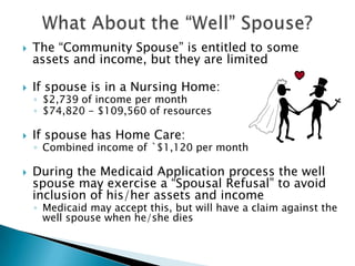 What About the “Well” Spouse?         The “Community Spouse” is entitled to some assets and income, but they are limitedIf spouse is in a Nursing Home:$2,739 of income per month$74,820 - $109,560 of resourcesIf spouse has Home Care:Combined income of `$1,120 per month During the Medicaid Application process the well spouse may exercise a “Spousal Refusal” to avoid inclusion of his/her assets and incomeMedicaid may accept this, but will have a claim against the well spouse when he/she dies